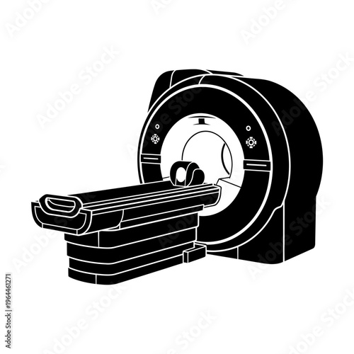 Professional black and white illustration of a magnetic resonance imaging scanner used in hospitals for patient diagnosis
