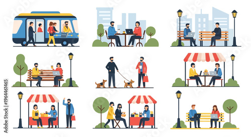 People engaging in various daily activities in urban settings.