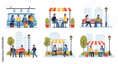 People engaging in various daily activities in urban settings.