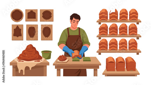 Potter's Craft: A skilled potter meticulously works with clay, shaping and molding it with precision, surrounded by the tools and products of his craft. 