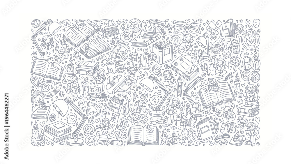 Obraz premium Drawn Library of Knowledge: An intricate hand-drawn illustration showcases an array of books, desk lamps, and scholarly elements, symbolizing the pursuit of knowledge and intellectual curiosity.