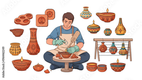 Artisan Crafting Pottery: An artisan meticulously shapes a clay pot on a pottery wheel, surrounded by various pottery creations, demonstrating skill and creativity in a studio setting.