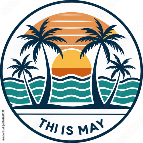 Tropical sunset logo with palm trees and ocean waves