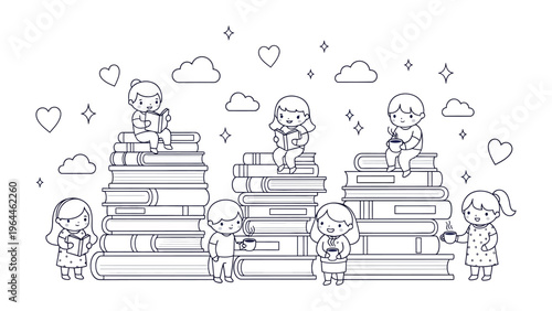 World of Imagination: Captivating illustration of children immersed in the magic of books, surrounded by hearts and clouds. A visual celebration of literature and the joy of reading.
