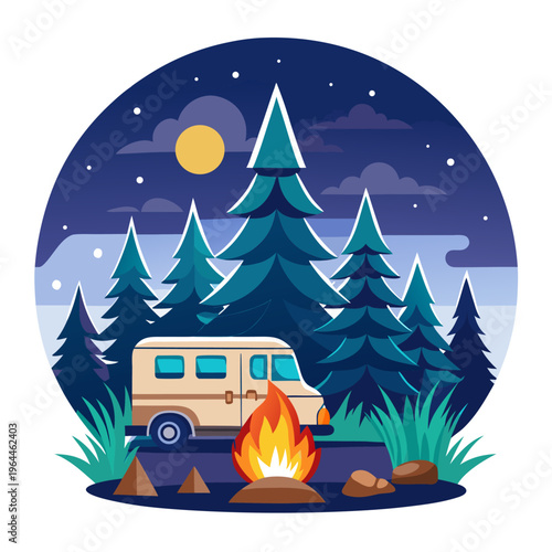 Cozy Camper Van Camping Under Moonlit Starry Night with Campfire in Forest