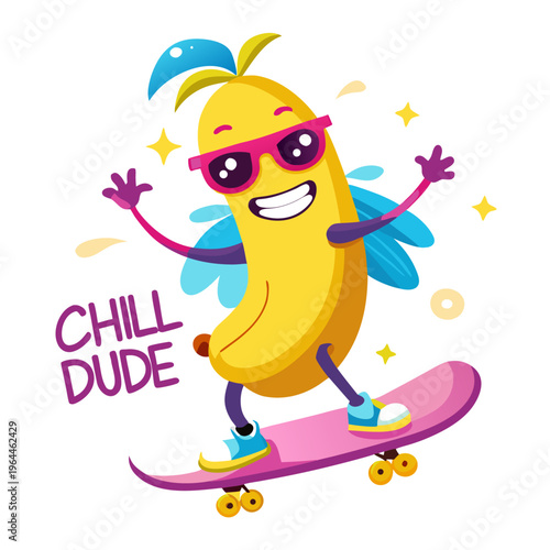 Cartoon banana character skateboarding with chill vibe, fun summer illustration for youth marketing