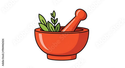 A vibrant orange mortar and pestle filled with green herbs on a clean white background, perfect for illustrating natural remedies or herbalism in a modern design.