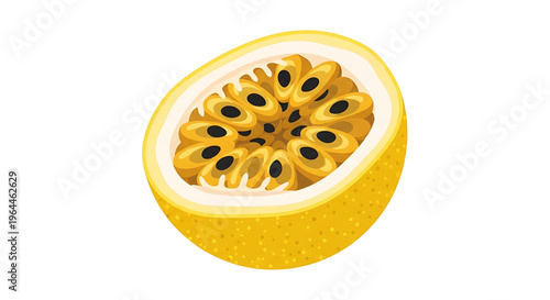 A vibrant yellow passionfruit cut in half, showcasing its intricate pulp and seeds in a colorful vector illustration.