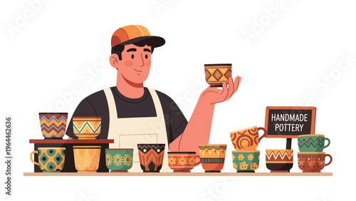 Handmade Pottery Display: A skilled artisan, standing proudly behind a meticulously curated display of handcrafted pottery, showcases the artistry of his creations. 