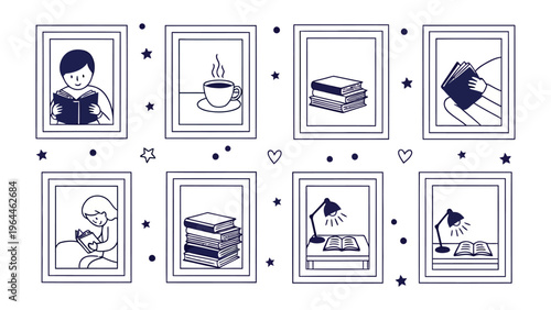 Literary Frames of Life: A charming, illustrated collection of framed images depicting moments of quiet contemplation, cozy reading, and the simple pleasures of literary life. 