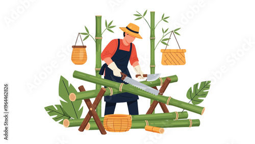 Crafting Bamboo: An artisan skillfully saws through bamboo stalks, surrounded by his craft supplies, and displaying the beauty of handcrafted goods.