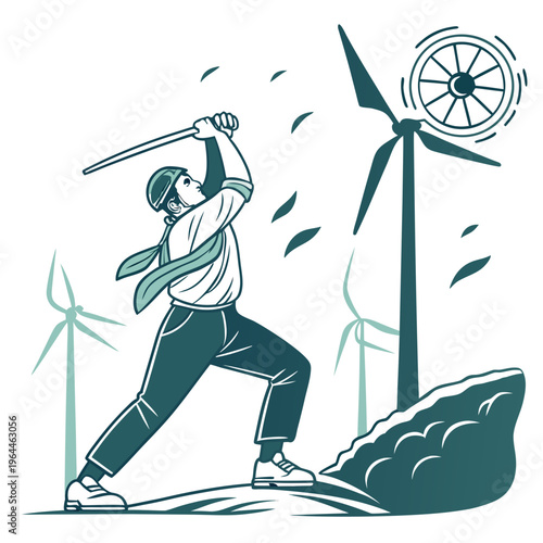 Man hitting wind turbine with a baseball bat on a with a rock
