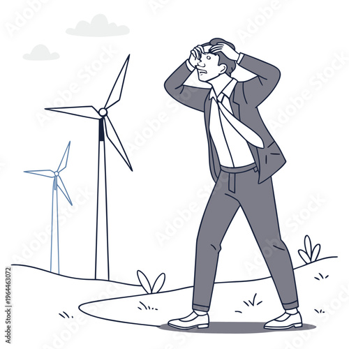 A stressed businessman standing near wind turbines on a windy day looking worried