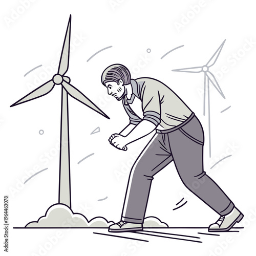 Man struggling in strong windy weather with wind turbines in the background illustration