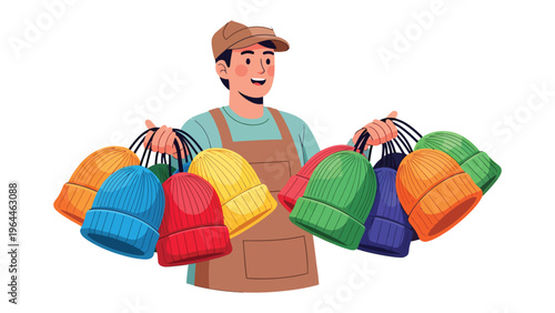 Hat Vendor's Selection: A cheerful hat vendor proudly displays a vibrant array of winter hats, offering a wide spectrum of colors and styles, perfect for cold weather. 