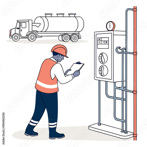 An industrial worker in safety gear examines equipment next to a fuel truck