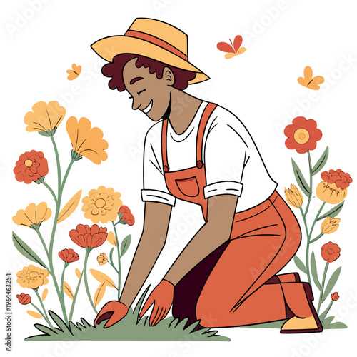 A smiling woman in orange overalls and a hat kneeling among vibrant flowers