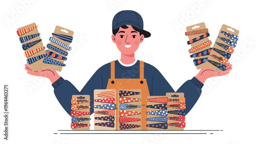 Vendor's Artistic Display: An artisan presents a colorful array of handcrafted products, showcasing creativity and attention to detail.