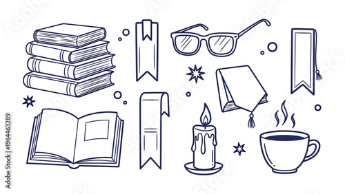 Reading corner sketch: A collection of meticulously sketched elements for reading, including books, bookmarks, glasses, a candle and a hot drink.