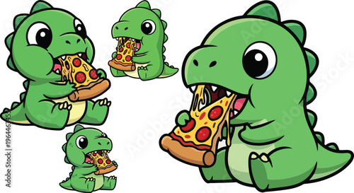 Cute green dinosaur eating pizza vector illustration, adorable baby t-rex mascot character, funny cartoon dino enjoying a cheesy pepperoni slice