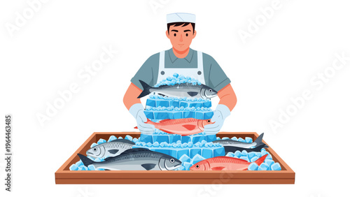 Fishmonger's Artistic Arrangement: A fishmonger meticulously arranges fresh catches on a bed of ice, creating an eye-catching display. Displaying expertise and passion.
