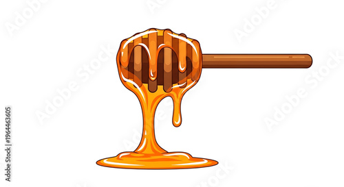 A vector graphic illustration of a honey dipper with dripping honey on a white background