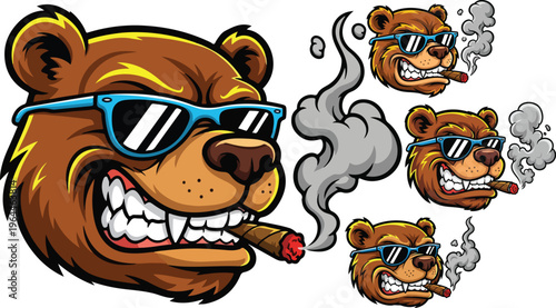 Aggressive grizzly bear mascot head with sunglasses and cigar, angry brown bear character smoking, wild animal vector illustration set