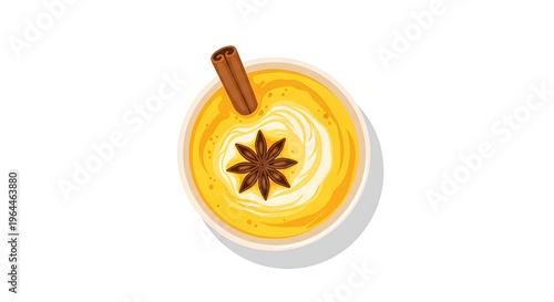 A vector graphic illustration of a cup of golden turmeric latte with cinnamon stick and star anise on a white background