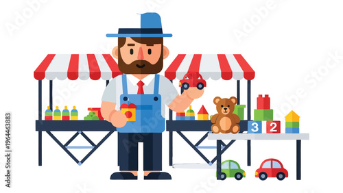 Toy Seller's Showcase: A friendly toy seller stands proudly amidst his vibrant toy stall, inviting customers to explore a world of colorful toys, fostering smiles and igniting imaginations.