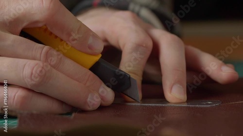 Close-up of a hand with a sharp leather cutting knife trimming or cutting a piece of natural brown leather. Fabrication technique.