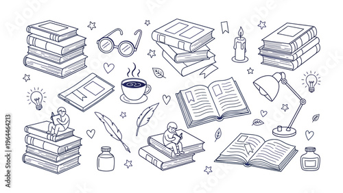 A World of Stories: Hand-drawn illustrations of stacked books, reading accessories, and cozy elements like coffee, candle, and pens evoke a sense of literary escape.