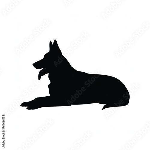A black silhouette of a german shepherd dog lying down calmly