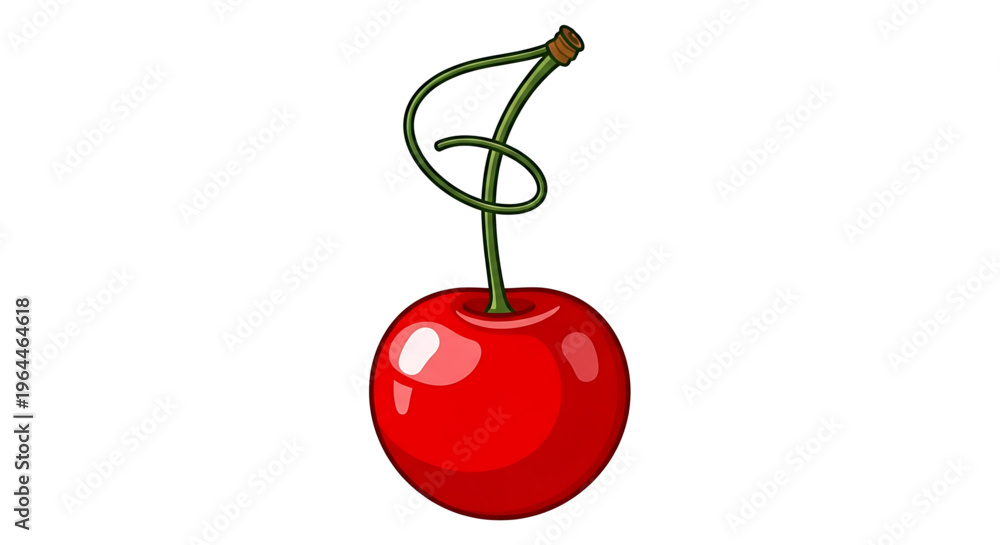 Obraz premium A vibrant red cherry icon with a curly green stem on a white background