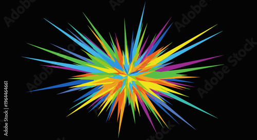 Dynamic abstract colorful starburst explosion with sharp, vibrant rays radiating outwards on a sleek black background, modern graphic design element.