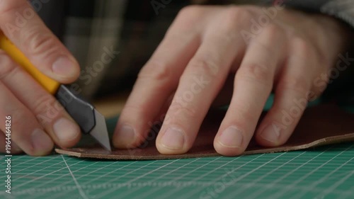 Close-up of a hand with a sharp leather cutting knife trimming or cutting a piece of natural brown leather. Fabrication technique.