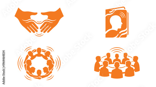 Global Knowledge and Community Discussion Icons Representing Protective Hands Brainstorming Group Circle Human Profile Book and Collaborative Team Dialogue Exchange