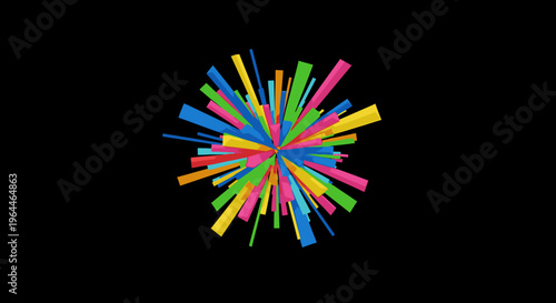 Colorful exploding abstract burst of thin rectangular rods on a black background, dynamic energy and creativity concept