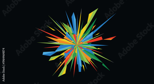 Colorful abstract explosion of geometric shapes radiating from a central point on a black background