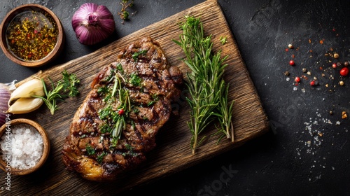 Delicious Grilled Steak with Fresh Herbs and Spices on Wooden Serving Board