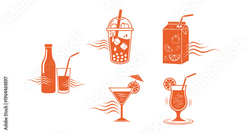 Refreshing beverage icons featuring bubble tea and juice boxes with a martini glass and tropical cocktail with a fresh drink bottle.