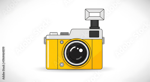 A vibrant yellow camera icon with a flash on a clean white background, perfect for design and photography concepts.