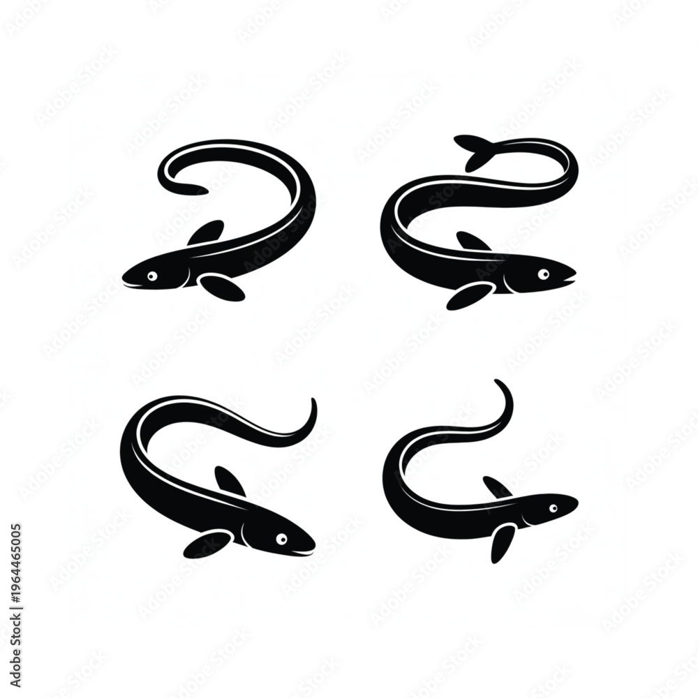Fototapeta premium Four stylized black silhouettes of eels in curved positions