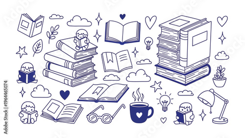 Literary Sanctuary: A whimsical scene unfolds, showcasing the enchanting world of books, a cup of coffee, and inviting atmosphere for readers.