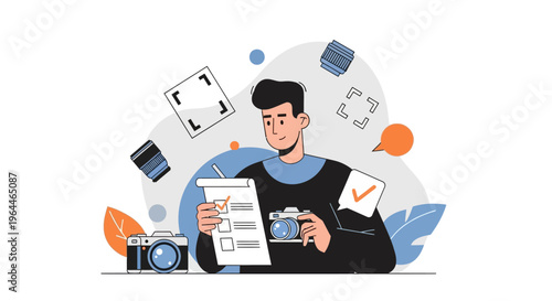 Photographer reviewing checklist with camera equipment.