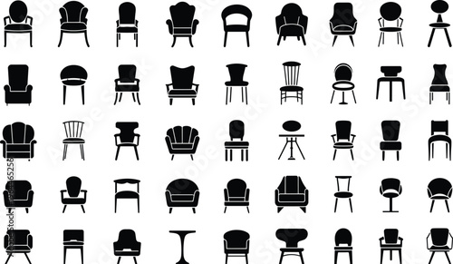 Black silhouette icons of fifty different chair designs, armchairs, dining chairs, lounge seating, accent furniture styles for interior design and decoration references