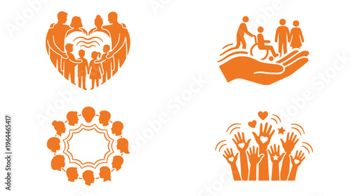 Compassionate Community and Family Support Icons Featuring Diverse Group Inclusion Disability Accessibility Protective Hands Holding Heart and Social Networking Circle Elements