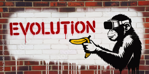 Graffiti monkey with VR headset holding banana gun, evolution text street art on urban brick wall, ironic digital future concept