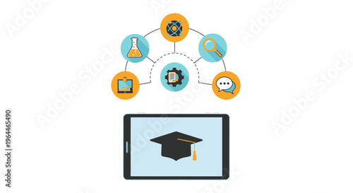 Concept of online education with a graduation cap on a tablet screen and interconnected educational icons, on isolated white background.