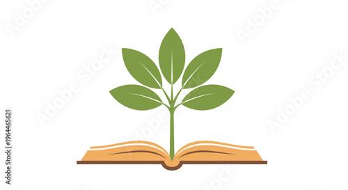 Green Plant Growing from Open Book Symbolizing Knowledge and Growth on Isolated White Background