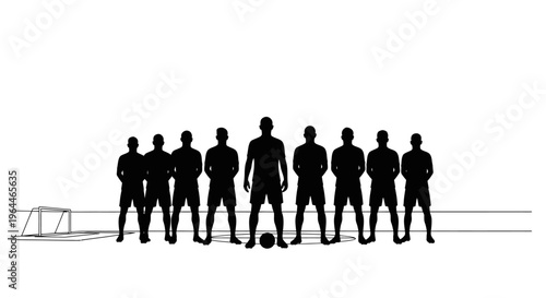 Silhouette of a Soccer Football Team Standing Together on Field with Goal on Isolated White Background